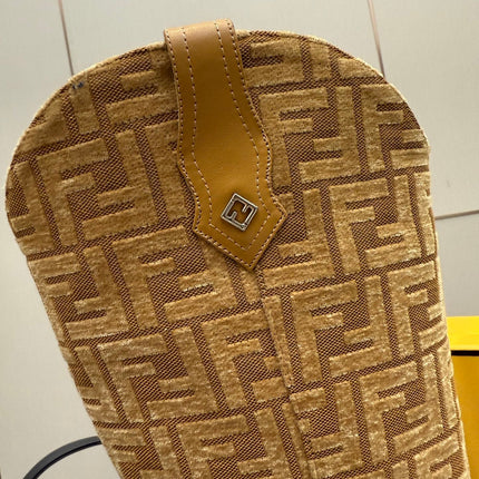 FENDI 25SKNEE-HIGH BOOTS 50 MM IN GOLDEN BROWN CALFSKIN AND FABRIC PRINT LOGO