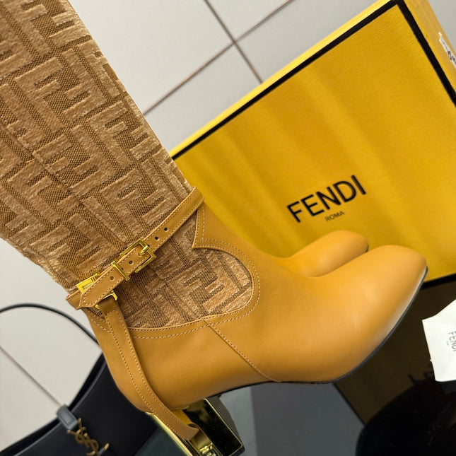 FENDI 25SKNEE-HIGH BOOTS 50 MM IN GOLDEN BROWN CALFSKIN AND FABRIC PRINT LOGO