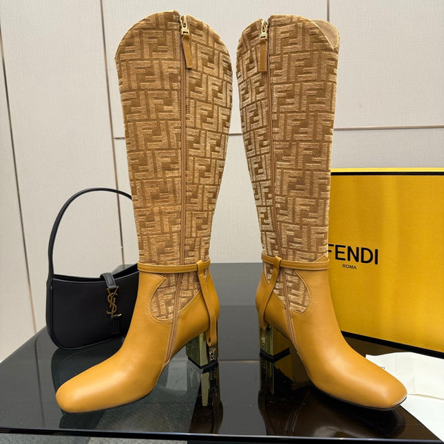 FENDI 25SKNEE-HIGH BOOTS 50 MM IN GOLDEN BROWN CALFSKIN AND FABRIC PRINT LOGO