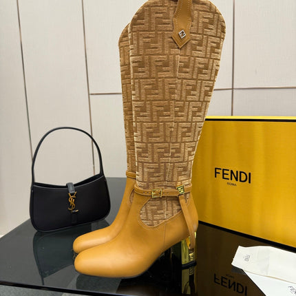 FENDI 25SKNEE-HIGH BOOTS 50 MM IN GOLDEN BROWN CALFSKIN AND FABRIC PRINT LOGO