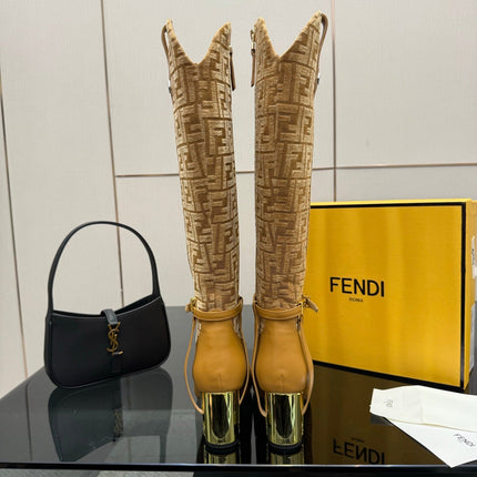 FENDI 25SKNEE-HIGH BOOTS 50 MM IN GOLDEN BROWN CALFSKIN AND FABRIC PRINT LOGO