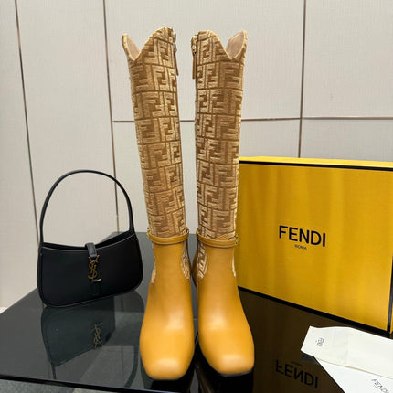 FENDI 25SKNEE-HIGH BOOTS 50 MM IN GOLDEN BROWN CALFSKIN AND FABRIC PRINT LOGO