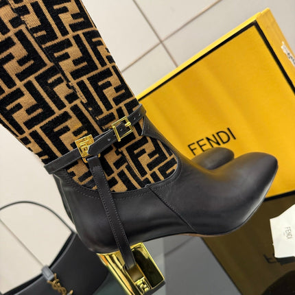 FENDI 25SKNEE-HIGH BOOTS 50 MM IN BLACK CALFSKIN AND BROWN FABRIC PRINT LOGO