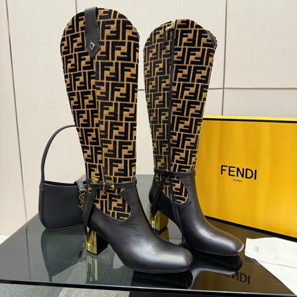 FENDI 25SKNEE-HIGH BOOTS 50 MM IN BLACK CALFSKIN AND BROWN FABRIC PRINT LOGO