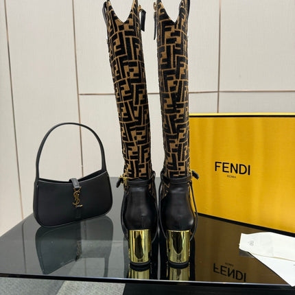 FENDI 25SKNEE-HIGH BOOTS 50 MM IN BLACK CALFSKIN AND BROWN FABRIC PRINT LOGO