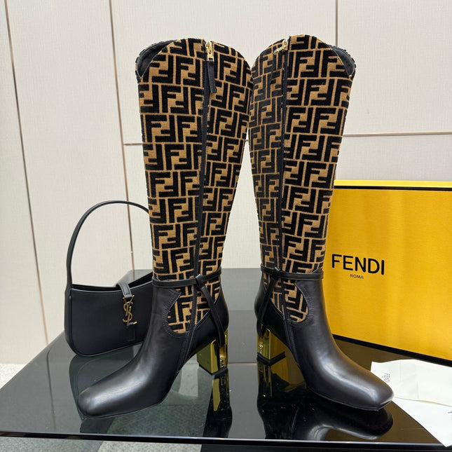 FENDI 25SKNEE-HIGH BOOTS 50 MM IN BLACK CALFSKIN AND BROWN FABRIC PRINT LOGO
