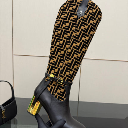 FENDI 25SKNEE-HIGH BOOTS 50 MM IN BLACK CALFSKIN AND BROWN FABRIC PRINT LOGO
