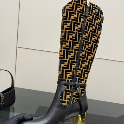 FENDI 25SKNEE-HIGH BOOTS 50 MM IN BLACK CALFSKIN AND BROWN FABRIC PRINT LOGO