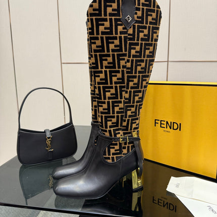 FENDI 25SKNEE-HIGH BOOTS 50 MM IN BLACK CALFSKIN AND BROWN FABRIC PRINT LOGO