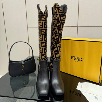FENDI 25SKNEE-HIGH BOOTS 50 MM IN BLACK CALFSKIN AND BROWN FABRIC PRINT LOGO