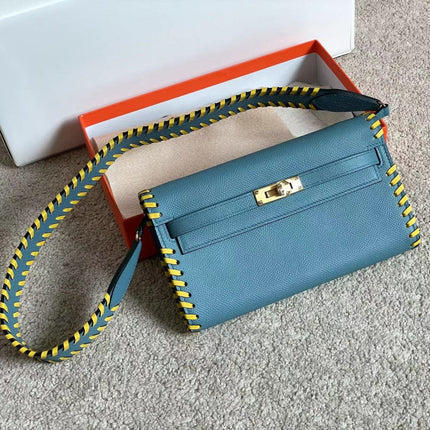 KELLY CLASSIQUE TO GO WALLET 20 IN CERULEAN BLUE CALFSKIN WITH GOLD HARDWARE