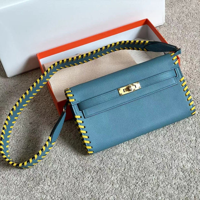 KELLY CLASSIQUE TO GO WALLET 20 IN CERULEAN BLUE CALFSKIN WITH GOLD HARDWARE