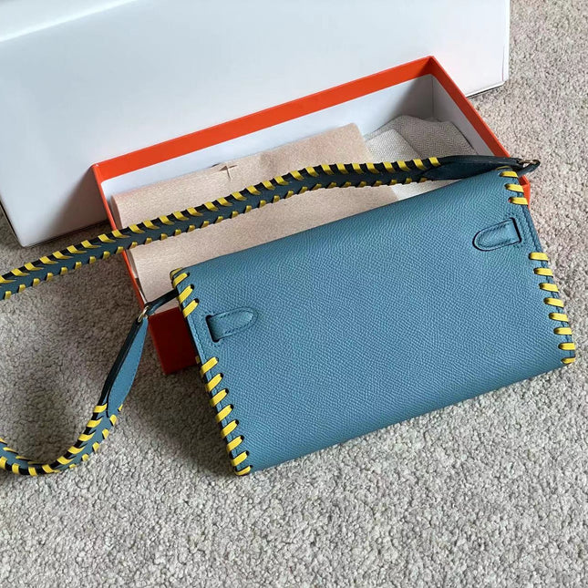 KELLY CLASSIQUE TO GO WALLET 20 IN CERULEAN BLUE CALFSKIN WITH GOLD HARDWARE