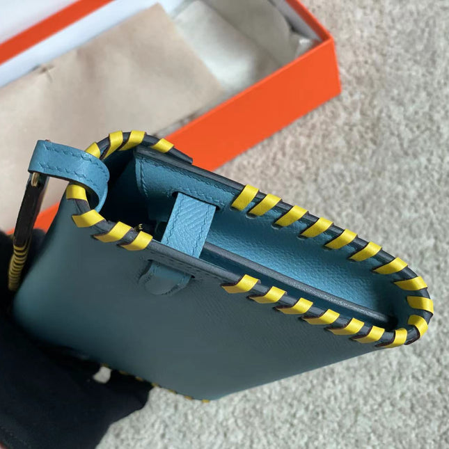 KELLY CLASSIQUE TO GO WALLET 20 IN CERULEAN BLUE CALFSKIN WITH GOLD HARDWARE