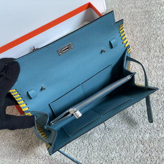 KELLY CLASSIQUE TO GO WALLET 20 IN CERULEAN BLUE CALFSKIN WITH SILVER HARDWARE