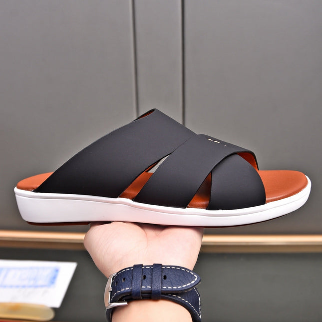 LP INTERWOVEN STRAPS SLIPPERS BLACK CALFSKIN