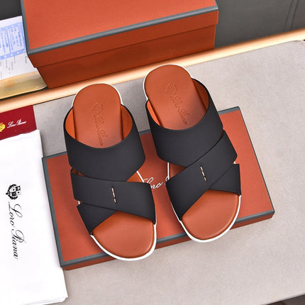 LP INTERWOVEN STRAPS SLIPPERS BLACK CALFSKIN