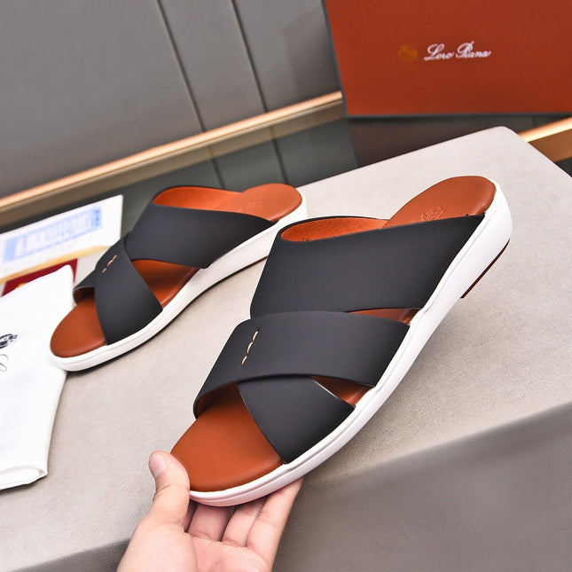 LP INTERWOVEN STRAPS SLIPPERS BLACK CALFSKIN