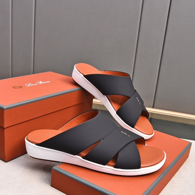 LP INTERWOVEN STRAPS SLIPPERS BLACK CALFSKIN