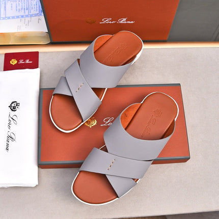 LP INTERWOVEN STRAPS SLIPPERS LIGHT GRAY CALFSKIN