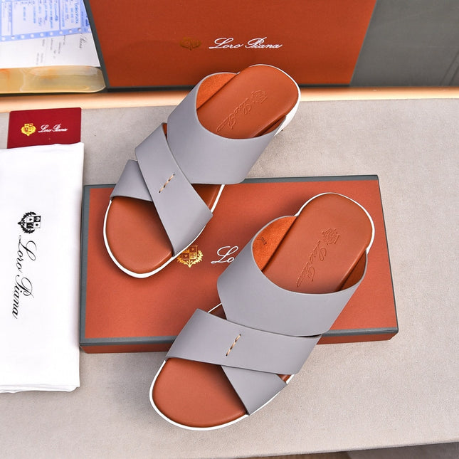 LP INTERWOVEN STRAPS SLIPPERS LIGHT GRAY CALFSKIN