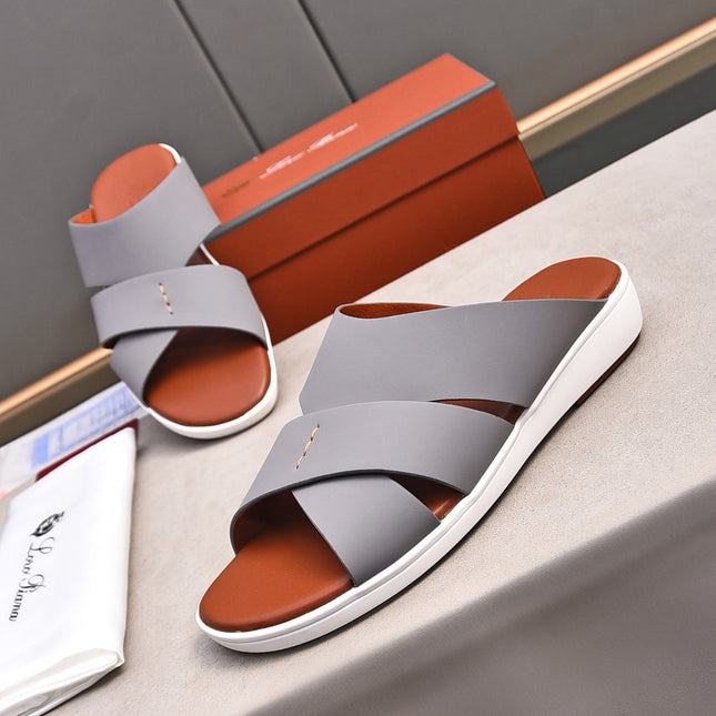 LP INTERWOVEN STRAPS SLIPPERS LIGHT GRAY CALFSKIN