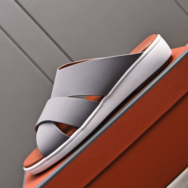 LP INTERWOVEN STRAPS SLIPPERS LIGHT GRAY CALFSKIN