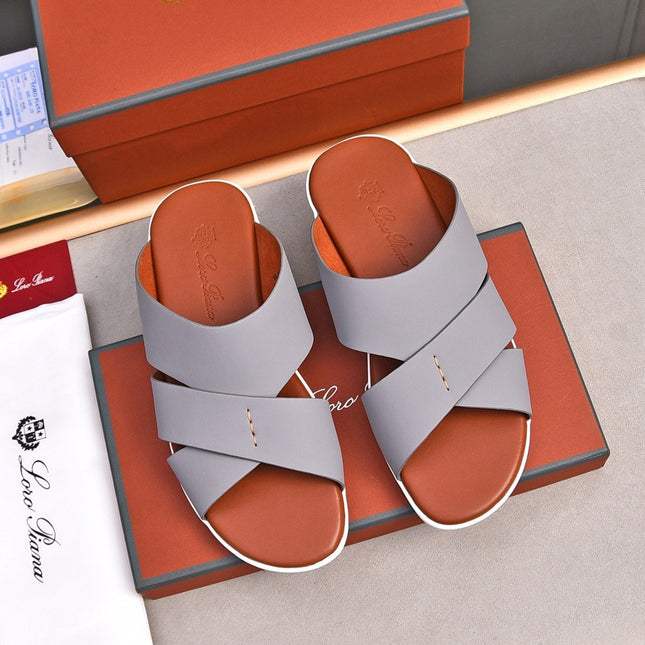 LP INTERWOVEN STRAPS SLIPPERS LIGHT GRAY CALFSKIN