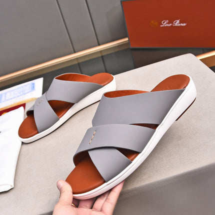 LP INTERWOVEN STRAPS SLIPPERS LIGHT GRAY CALFSKIN