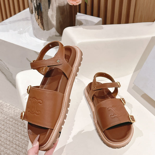 FLAT SANDALS IN RUST BROWN TRIOMPHE EMBOSSED SMOOTH CALFSKIN