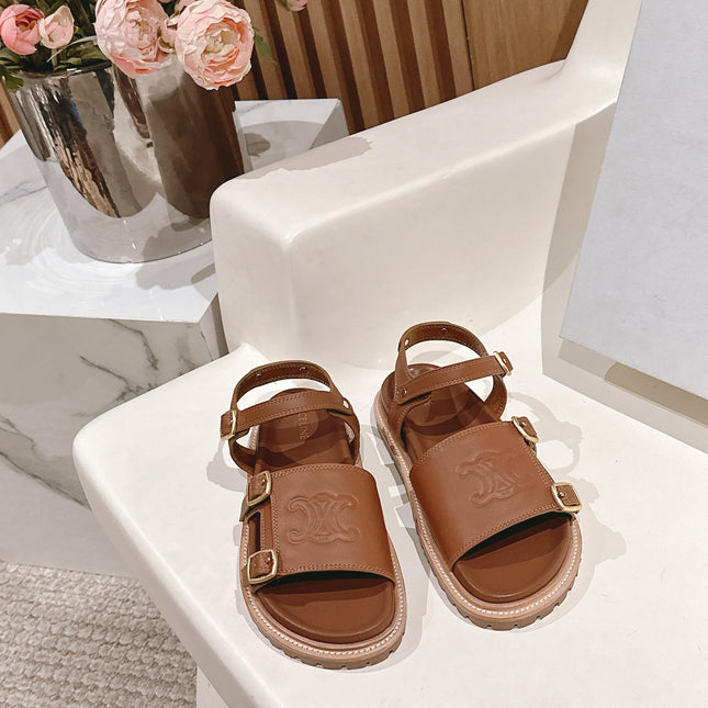 FLAT SANDALS IN RUST BROWN TRIOMPHE EMBOSSED SMOOTH CALFSKIN