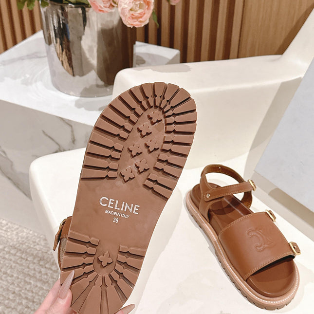 FLAT SANDALS IN RUST BROWN TRIOMPHE EMBOSSED SMOOTH CALFSKIN