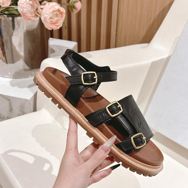 FLAT SANDALS IN BLACK TRIOMPHE EMBOSSED SMOOTH CALFSKIN