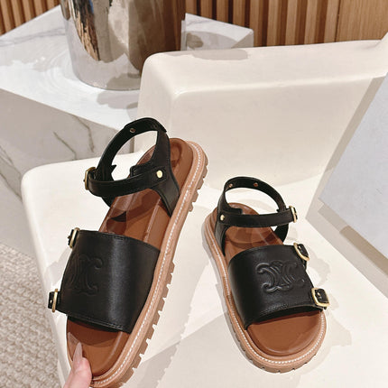 FLAT SANDALS IN BLACK TRIOMPHE EMBOSSED SMOOTH CALFSKIN