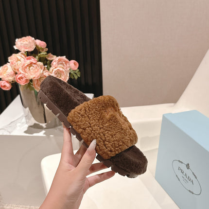 PRADA 25S FLAT MULES IN DARK BROWN RABBIT FUR