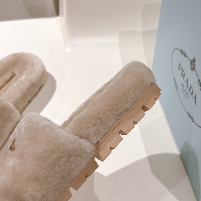 PRADA 25S FLAT MULES IN WARM TAUPE RABBIT FUR