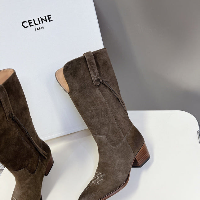 CELINE 25S HIGH CUT CHELSEA BOOTS 45MM IN DARK BROWN SUEDE