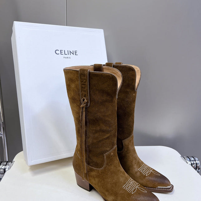CELINE 25S HIGH CUT CHELSEA BOOTS 45MM IN BROWN SUEDE