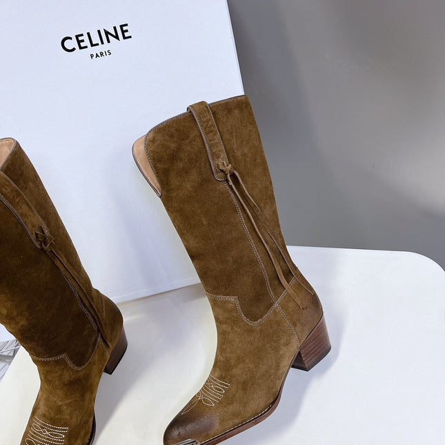 CELINE 25S HIGH CUT CHELSEA BOOTS 45MM IN BROWN SUEDE