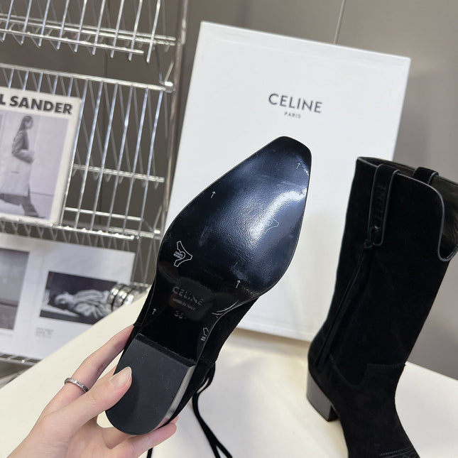 CELINE 25S HIGH CUT CHELSEA BOOTS 45MM IN BLACK SUEDE