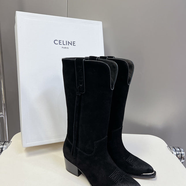 CELINE 25S HIGH CUT CHELSEA BOOTS 45MM IN BLACK SUEDE