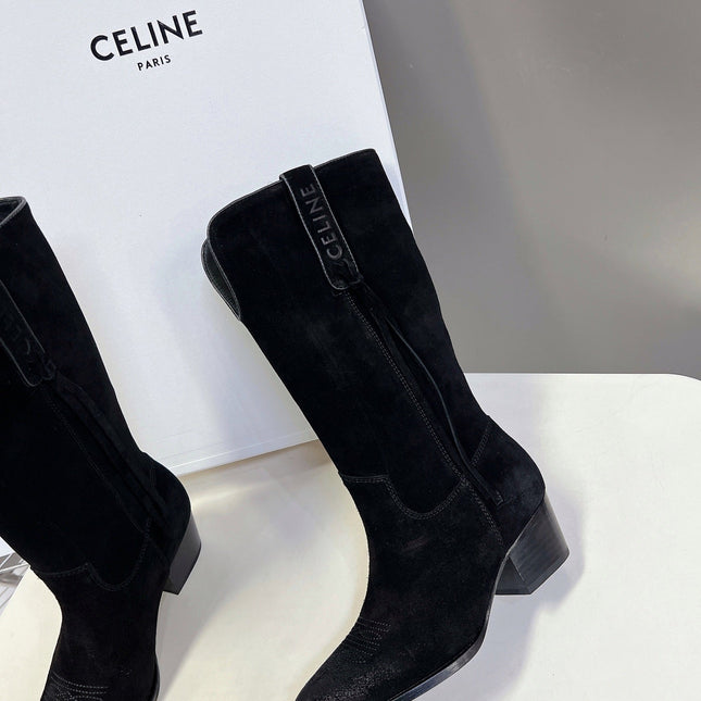 CELINE 25S HIGH CUT CHELSEA BOOTS 45MM IN BLACK SUEDE