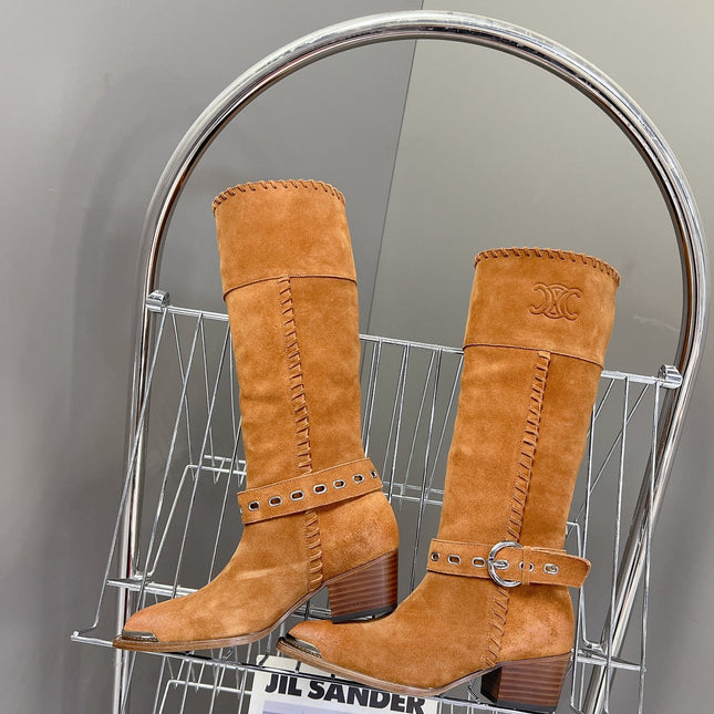 CELINE 25S BULKY LACED UP BOOTS 45MM IN BURNT ORANGE SUEDE