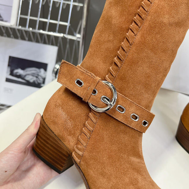 CELINE 25S BULKY LACED UP BOOTS 45MM IN BURNT ORANGE SUEDE