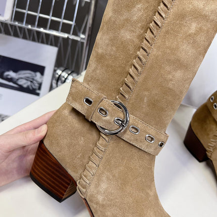 CELINE 25S BULKY LACED UP BOOTS 45MM IN LIGHT BROWN SUEDE