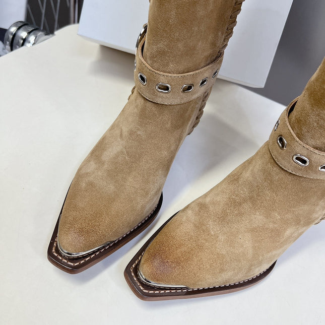 CELINE 25S BULKY LACED UP BOOTS 45MM IN LIGHT BROWN SUEDE