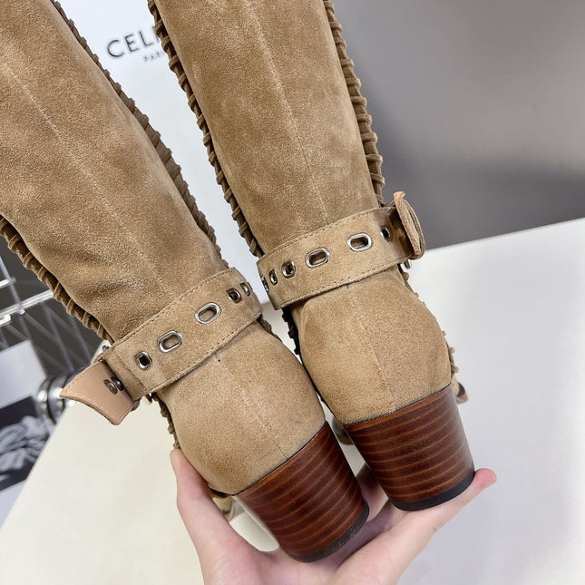 CELINE 25S BULKY LACED UP BOOTS 45MM IN LIGHT BROWN SUEDE