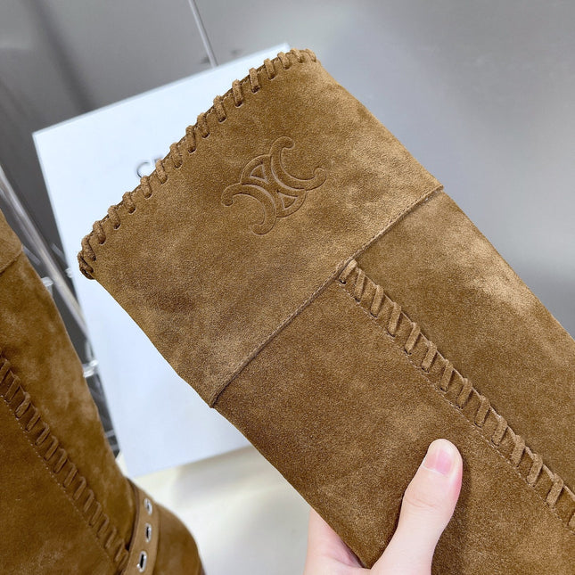 CELINE 25S BULKY LACED UP BOOTS 45MM IN BROWN SUEDE