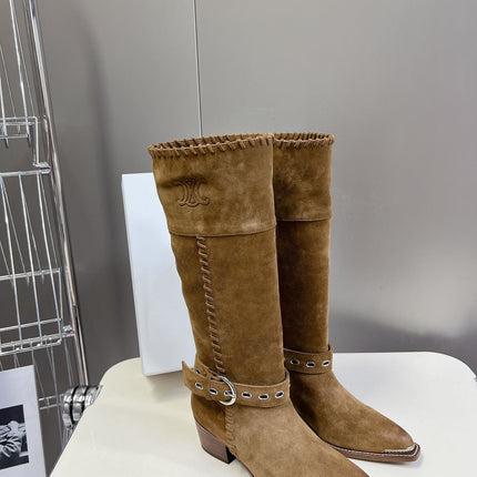 CELINE 25S BULKY LACED UP BOOTS 45MM IN BROWN SUEDE