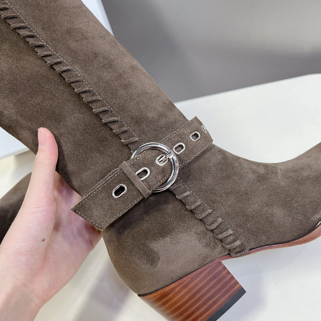 CELINE 25S BULKY LACED UP BOOTS 45MM IN CHARCOAL BROWN SUEDE